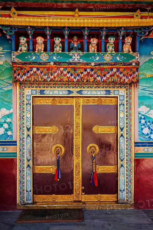 Door gate in Buddhist monastery. Mud village, Pin Valley, Himachal Pradesh, India, Asia