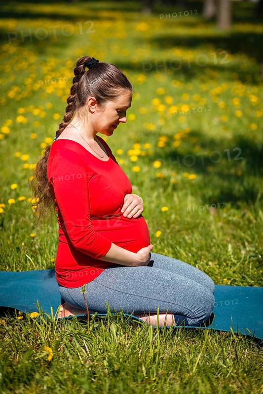 Pregnancy yoga exercise, pregnant woman doing asana Virasana Hero Pose on knees outdoors on grass lawn with dandelions in summer
