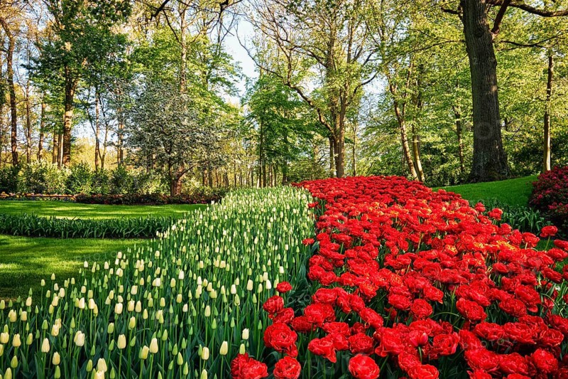 Blooming pink tulips flowerbeds in Keukenhof flower garden, also known as the Garden of Europe, one of the world largest flower gardens and popular tourist attraction. Lisse, the Netherlands
