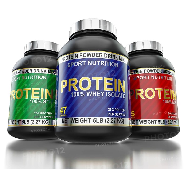 Sport nutrition and bodybuilding fitness supplements concept, whey isolate, soy and egg protein cans on white background with reflection, wide angle shot from low point of view
