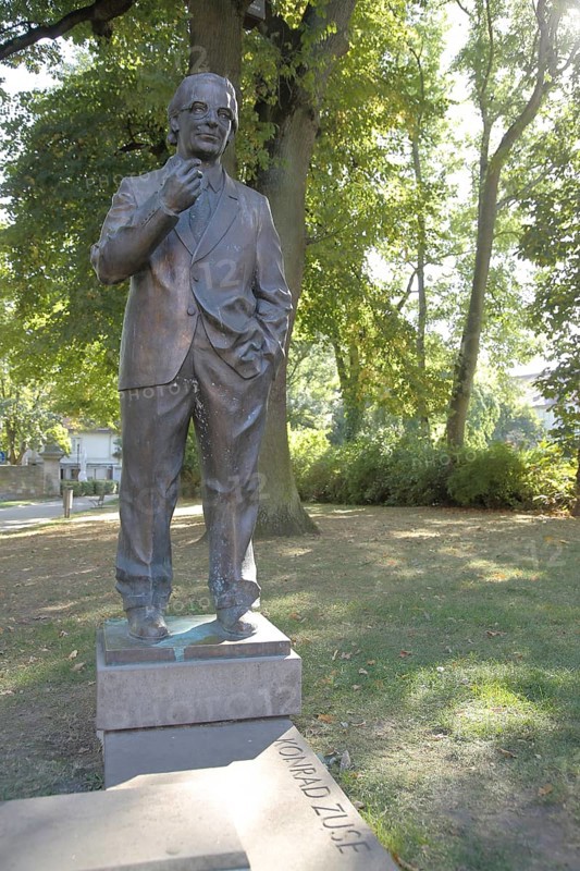 Konrad Zuse with inscription on the Duden Zuse monument, statue, personality, Bad Hersfeld, Hesse, Germany, Europe