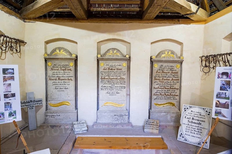 Crypt house with recovered grave slabs at the cemetery in Bad Muskau