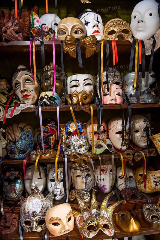 Handmade Venetian masks in a shop of a manufactory, Venice, Veneto, Italy, Europe