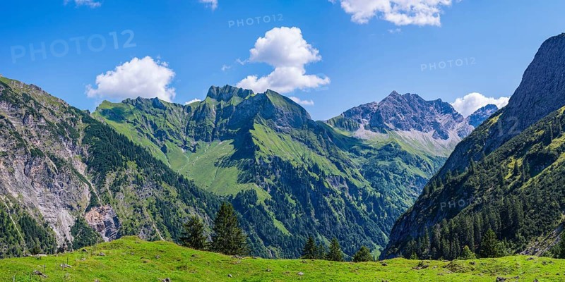 Panorama from Riefenkopf, 1748m to Laufbacher-Eck-Weg, Schneck, 2268m, Himmelhorn, 2113m, Großer Wilder, 2379m, and Kleiner Wilder, 2306m, Allgäu Alps, Allgäu, Bavaria, Germany, Europe