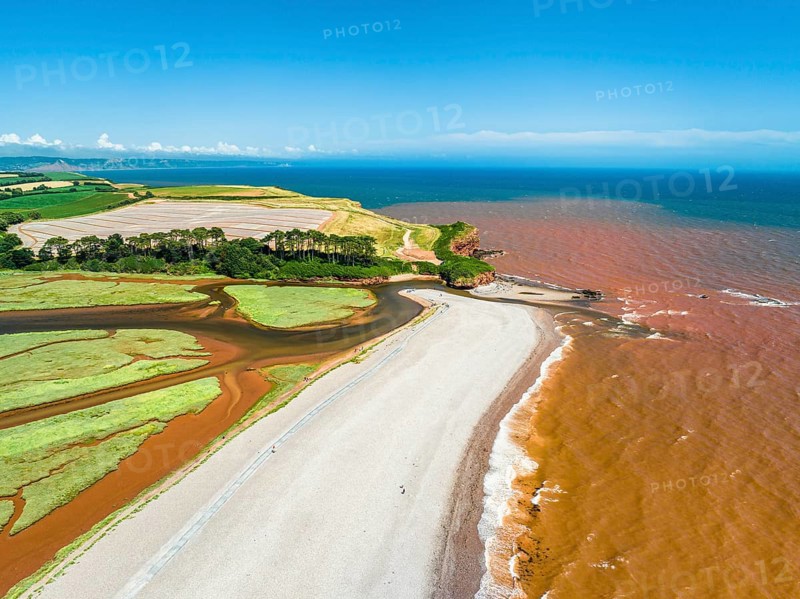 River Otter Estuary Nature Reserve from a drone, Budleigh Salterton Beach, Devon, England, United Kingdom, Europe