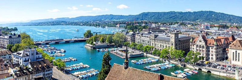 Lake Zurich skyline from above panorama with Lake Zurich in Zurich, Switzerland, Europe