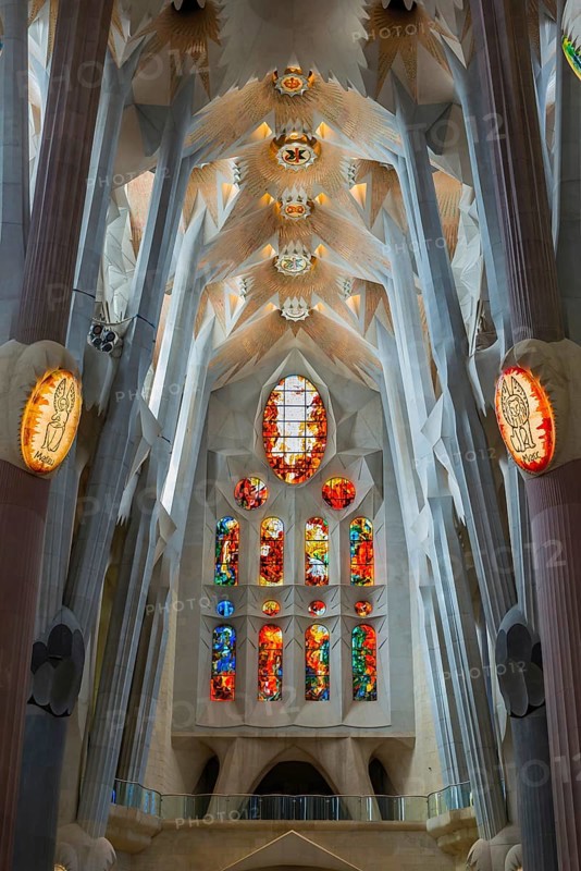 Interior view of the Familia Sagrada by the architect Antonio Gaudi in Barcelona, Spain, Europe