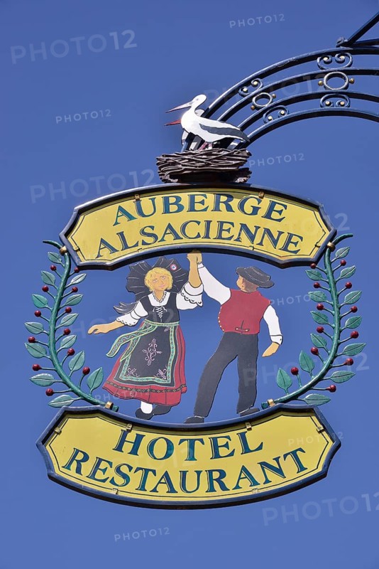 Hanging sign on an Alsatian restaurant, Eguisheim, Département Haut-Rhin, Alsace, France, Europe