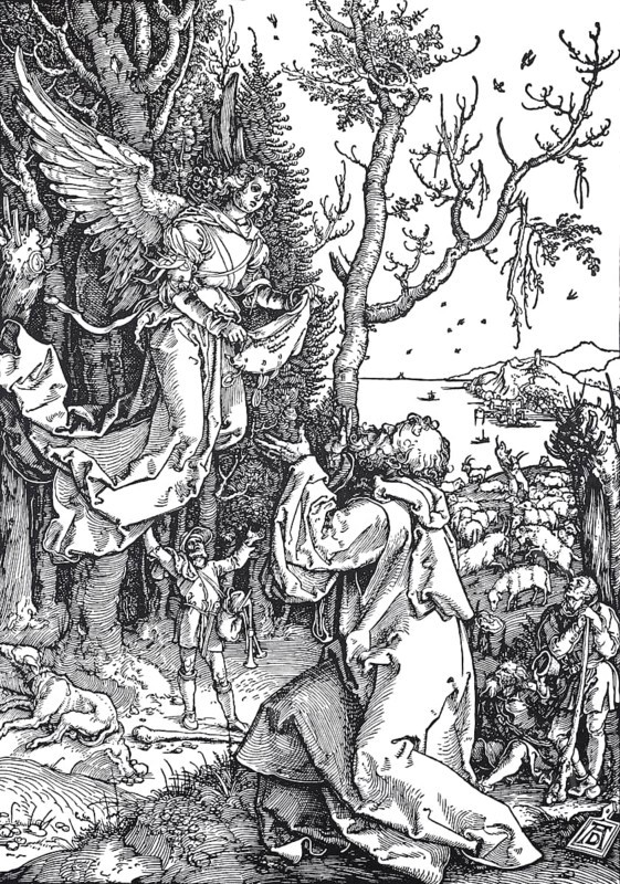 Picture cycle From the Life of the Virgin, the Angel Brings the Message to Joachim, woodcut by Albrecht Dürer, historical, digitally improved reproduction of an old woodcut