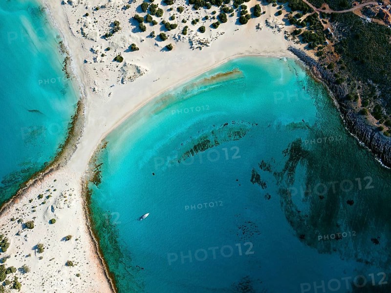 Drone shot, double bay of Simos beach, Sarakiniko beach, Elafonisos, Deer Island, Laconia, Peloponnese, Ionian Islands, Ionian Sea, Greece, Europe