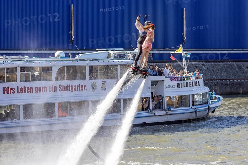 Harbour festival in Stuttgart. Spectacular jet ski and flyboard show on the Neckar. Stuttgart, Baden-Württemberg, Germany, Europe