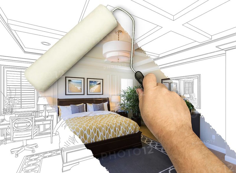 Before and after of man painting roller to reveal newly remodeled master bedroom under pencil drawing plans