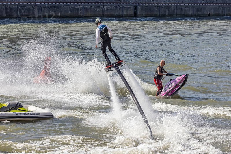 Harbour festival in Stuttgart. Spectacular jet ski and flyboard show on the Neckar. Stuttgart, Baden-Württemberg, Germany, Europe