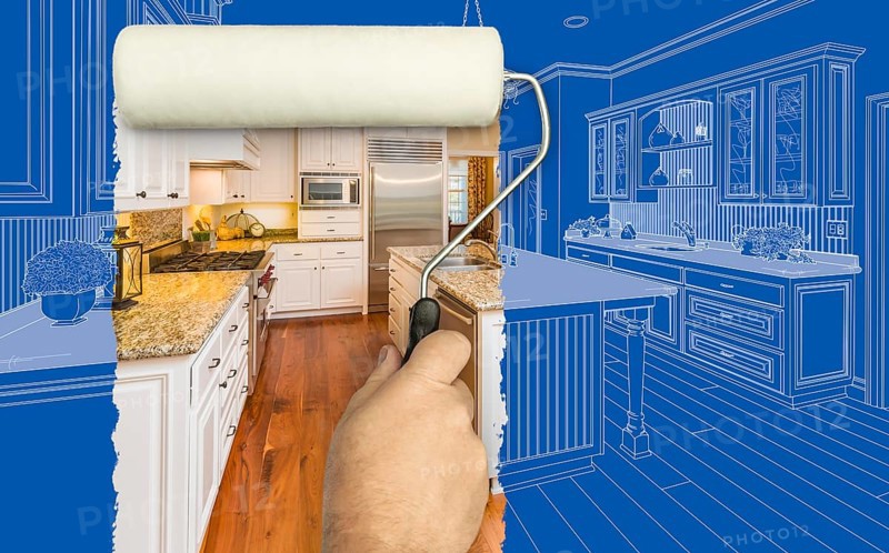Before and after of man painting roller to reveal custom kitchen photograph under blueprint sketch drawing plans