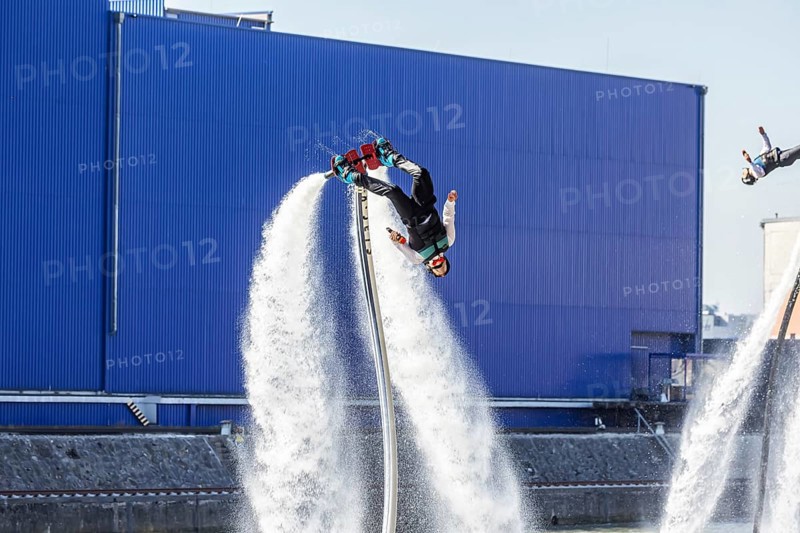 Harbour festival in Stuttgart. Spectacular jet ski and flyboard show on the Neckar. Stuttgart, Baden-Württemberg, Germany, Europe