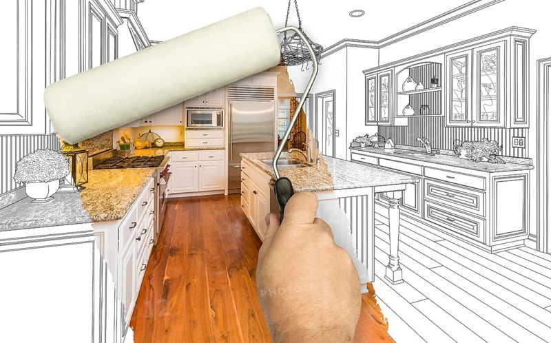 Before and after of man painting roller to reveal custom kitchen photograph under pencil sketch drawing plans