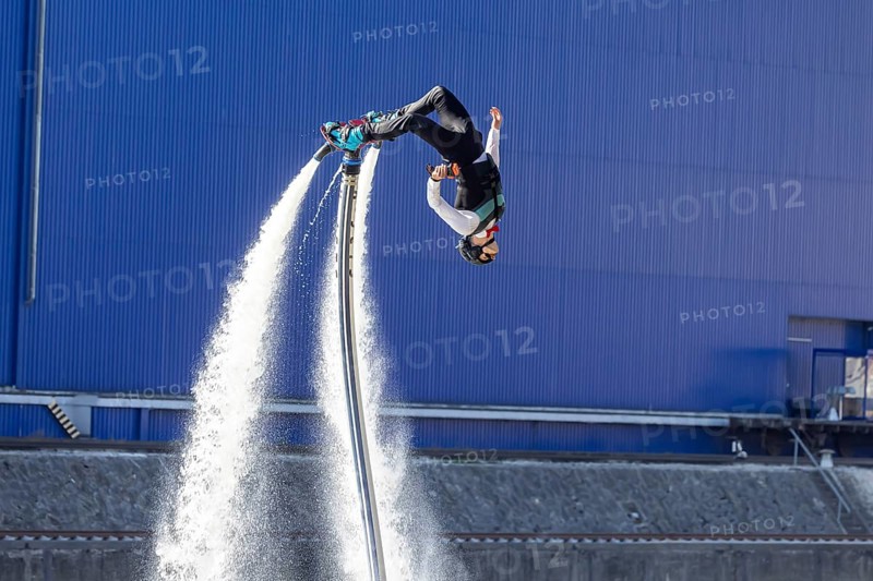 Harbour festival in Stuttgart. Spectacular jet ski and flyboard show on the Neckar. Stuttgart, Baden-Württemberg, Germany, Europe