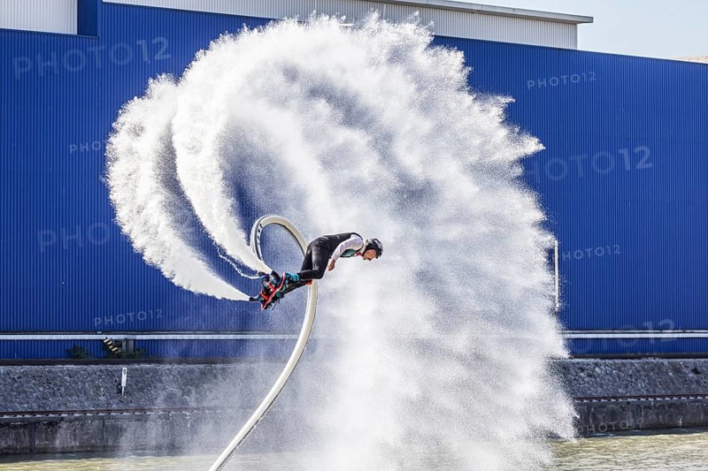Harbour festival in Stuttgart. Spectacular jet ski and flyboard show on the Neckar. Stuttgart, Baden-Württemberg, Germany, Europe