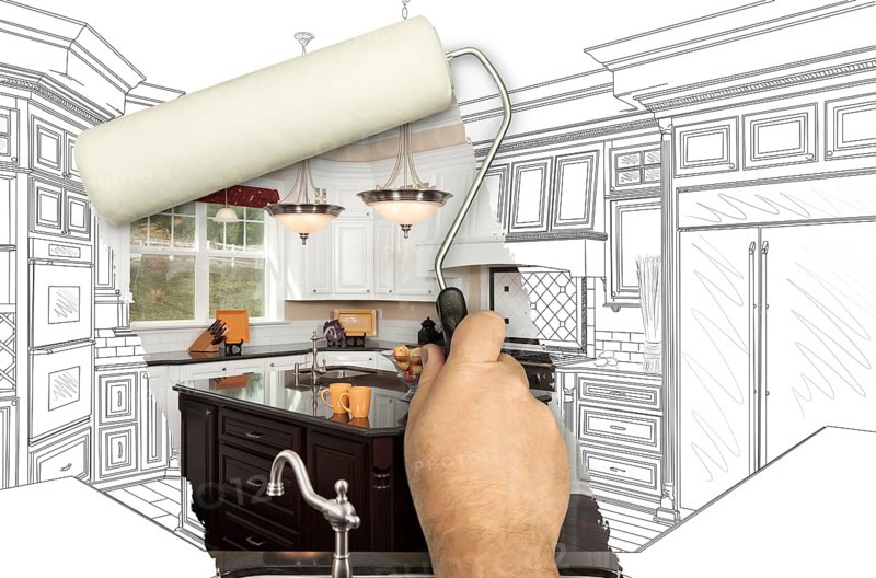 Before and after of man painting roller to reveal custom kitchen photograph under pencil sketch drawing plans