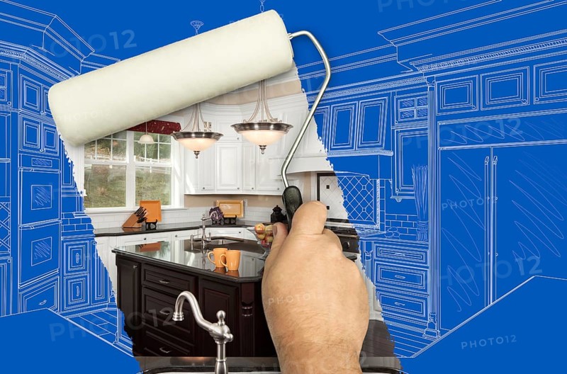 Before and after of man painting roller to reveal custom kitchen photograph under blueprint sketch drawing plans