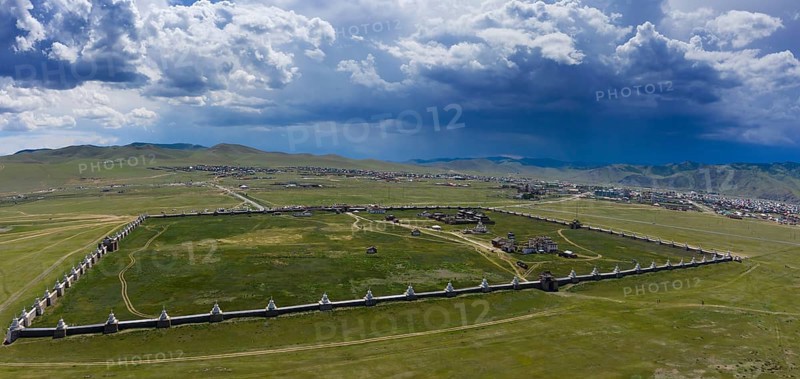 Aerial panorama view of the Kharkhorin Erdene Zuu Monastery .in Kharkhorin (Karakorum), Mongolia. Karakorum was the capital of the Mongol Empire between 1235 and 1260