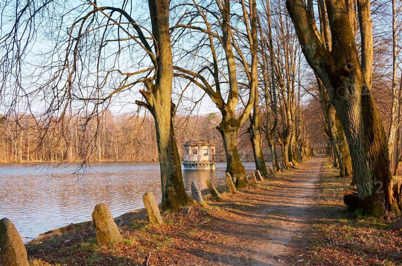 Alley on the lake, old observation deck on the pond, observation gazebo on the lake, Kolosovka village, Great pond, Kaliningrad region, Russia, Europe