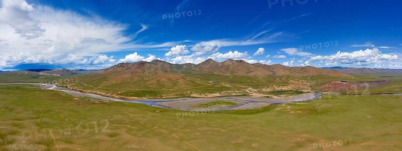 Aerial panorama view of steppe and mountains landscape in Orkhon valley, Mongolia, Asia