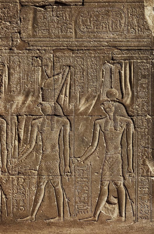 Ancient egypt carving image of Horus god on wall of temple