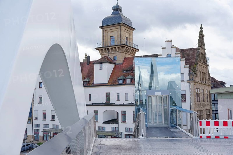 View from the station bridge to the lift and the old post office, main station neo-renaissance, glass facade, reflection, Heilbronn, Neckar valley, Neckar, Heilbronn-Franken, Baden-Württemberg, Germany, Europe