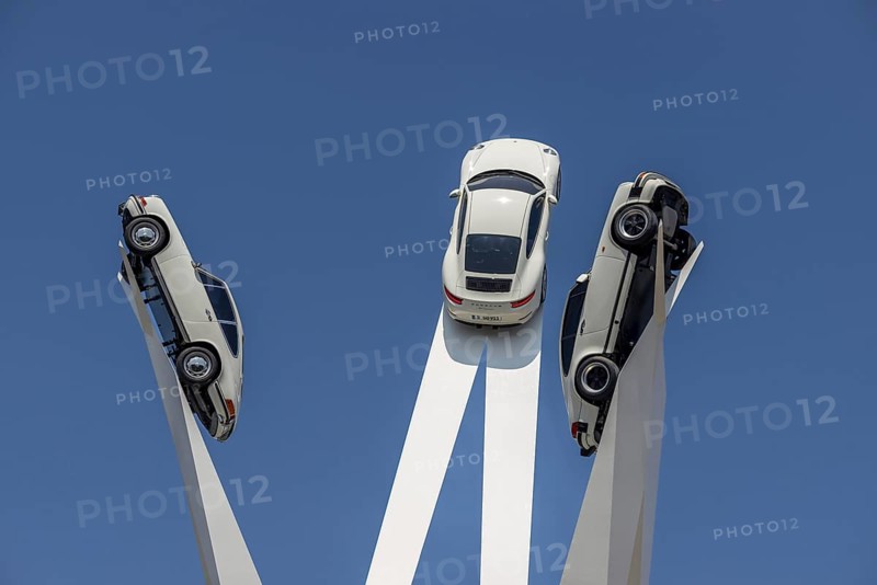 Artwork Inspiration 911 by Gerry Judah with Porsche 911 vehicles, Porscheplatz in Zuffenhausen, Stuttgart, Baden-Württemberg, Germany, Europe