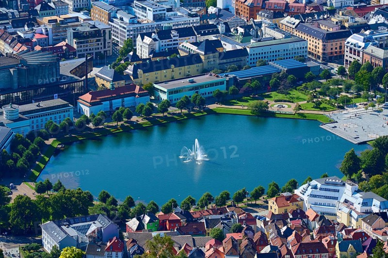 Lille Lungegårdsvannet surrounded by buildings, green park and streets, Fløibanen mountain station, Bergen, Vestland, Norway, Europe