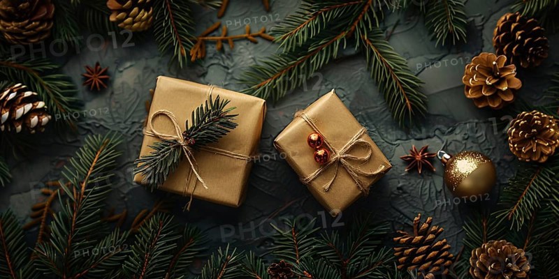 Top view of Christmas gift boxes wrapped in brown craft paper with berries and fir branches. Generative Ai, AI generated