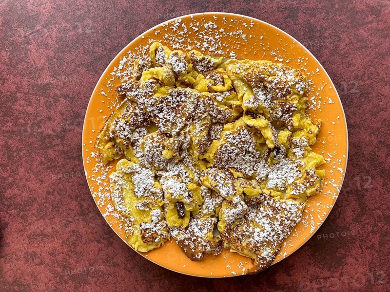 Dessert, Kaiserschmarren on a plate, Food, Scena, Scena, South Tyrol, Autonomous Province of Bolzano, Italy, Europe