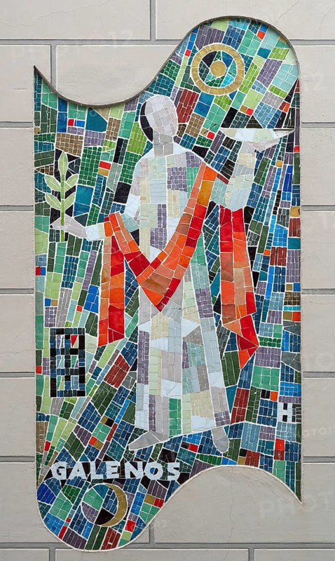 Modern mosaic painting by Galenosn on the façade of a pharmacy, Bad Kissingen, Lower Franconia Bavaria, Germany, Europe