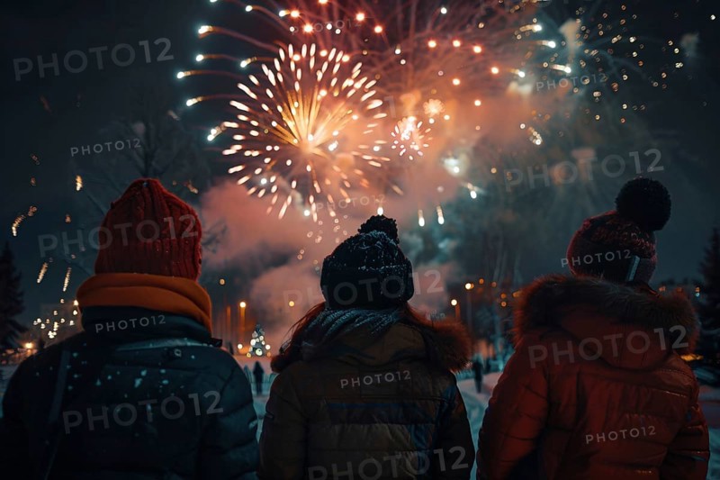 Young people celebrating new year with fireworks in night sky. Generative Ai, AI generated