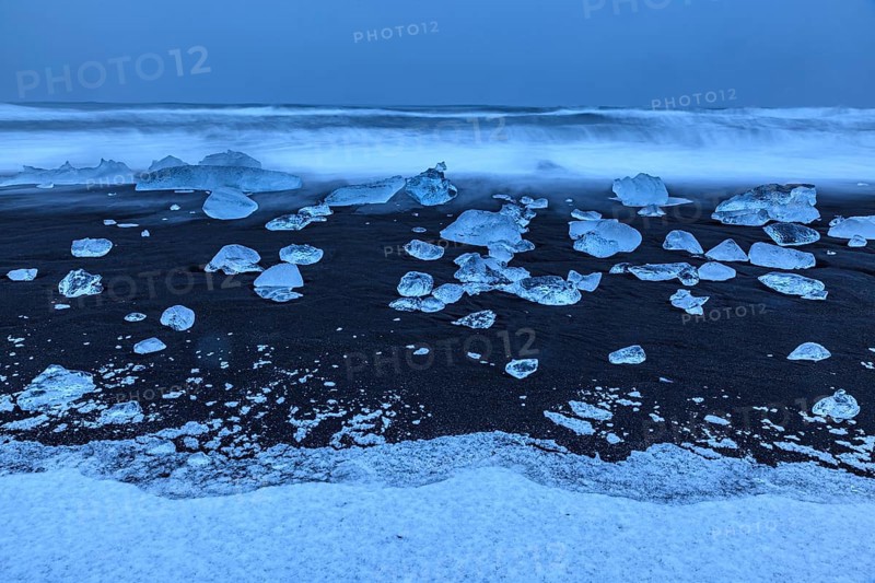 Ice floes, beach, sea, waves, cloudy, snow, Diamond Beach, Breidamerkursandur, Jökulsarlon, Iceland, Europe