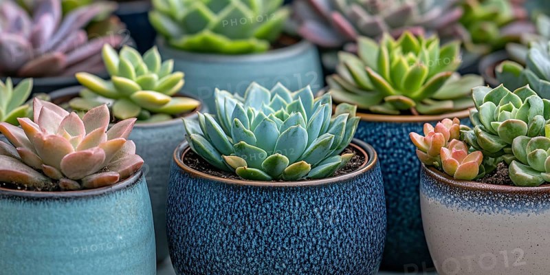 Banner with different small succulent house plants in flower post. Generative AI, AI generated