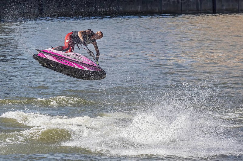 Harbour festival in Stuttgart. Spectacular jet ski and flyboard show on the Neckar. Stuttgart, Baden-Württemberg, Germany, Europe