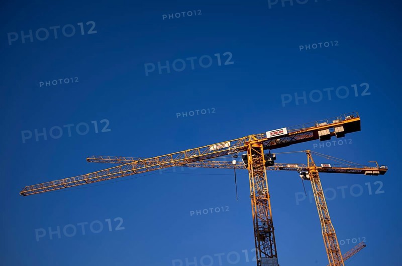 Cranes, Züblin construction cranes, construction site, logo, sky, blue, Stuttgart, Baden-Württemberg, Germany, Europe
