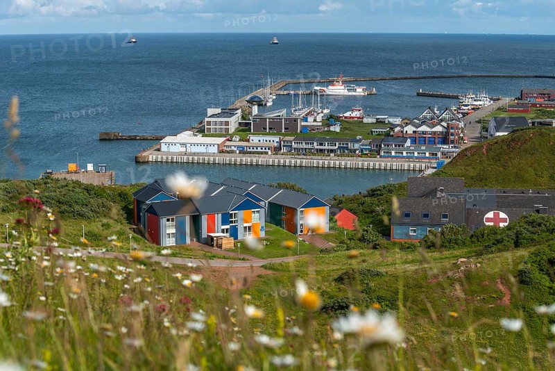 View from the Helgoländer Oberland to the hospital in the Mittelland, the industrial area, the south harbour and the open sea, Helgoland, North Sea, Pinneberg district, Helgoland, Schleswig-Holstein, Germany, Europe