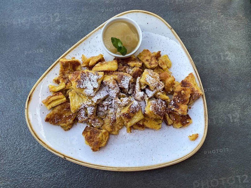 Dessert, Kaiserschmarren with apple sauce on a plate, Food, Scena, Scena, South Tyrol, Autonomous Province of Bolzano, Italy, Europe