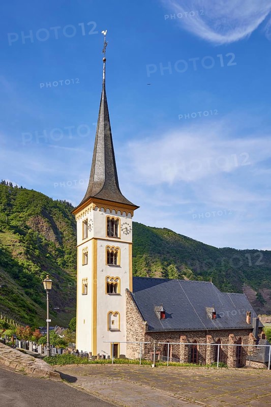 St Laurentius Church under a blue sky with cirrus clouds in Bremm, Cochem-Zell district, Rhineland-Palatinate, Germany, Europe