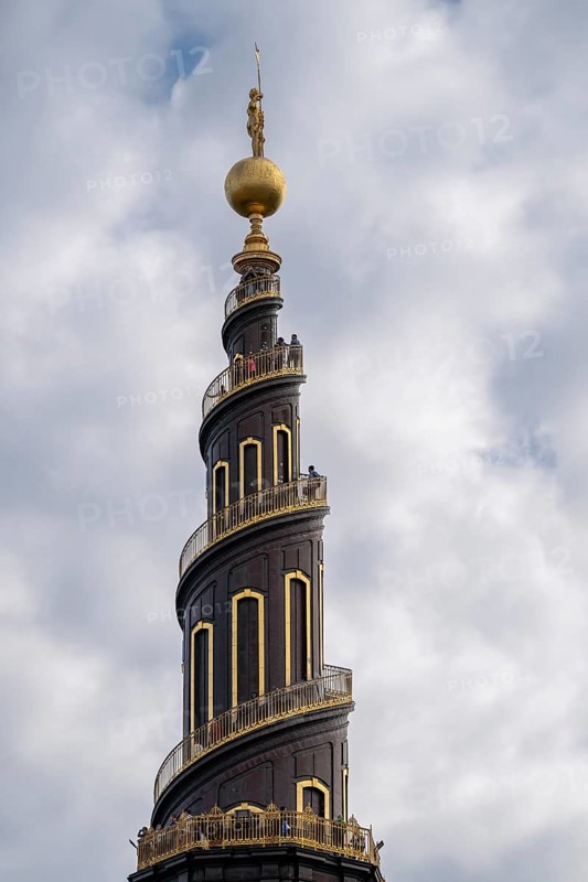 Corkscrew-shaped tower of the Evangelical Lutheran Church of the Saviour, in front of Frelsers Kirke, Christianshavn, Copenhagen, Denmark, Europe