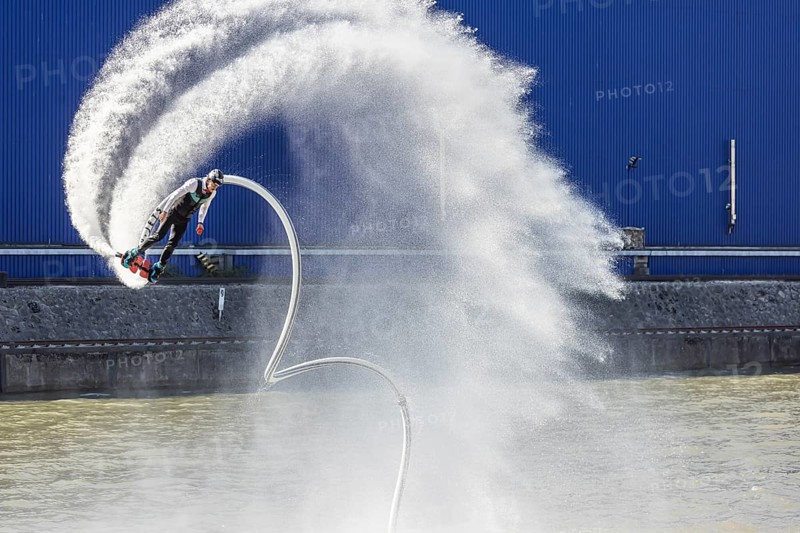 Harbour festival in Stuttgart. Spectacular jet ski and flyboard show on the Neckar. Stuttgart, Baden-Württemberg, Germany, Europe