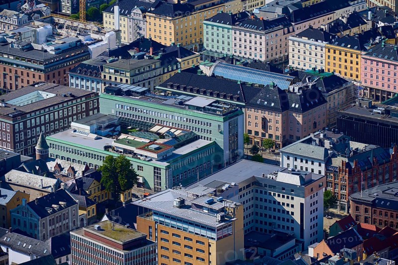 Aerial view of a city with densely packed buildings in different colours and styles, urban character, Fløibanen mountain station, Bergen, Vestland, Norway, Europe
