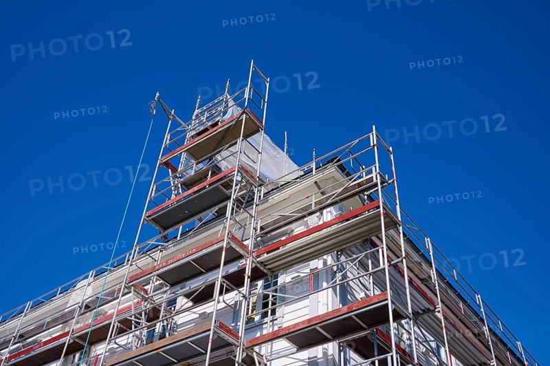Scaffolding in front of a building under a clear blue sky, Fløibanen mountain station, Bergen, Vestland, Norway, Europe