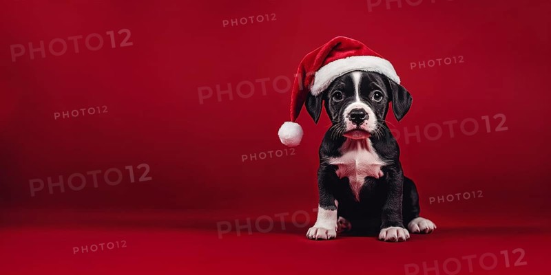Banner with cute dog puppy with santa hat in front of red background with copy space. Generative Ai, AI generated