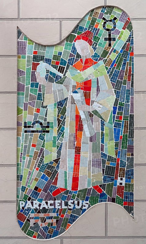 Modern mosaic picture of Paracelsus on the facade of a pharmacy, Bad Kissingen, Lower Franconia Bavaria, Germany, Europe
