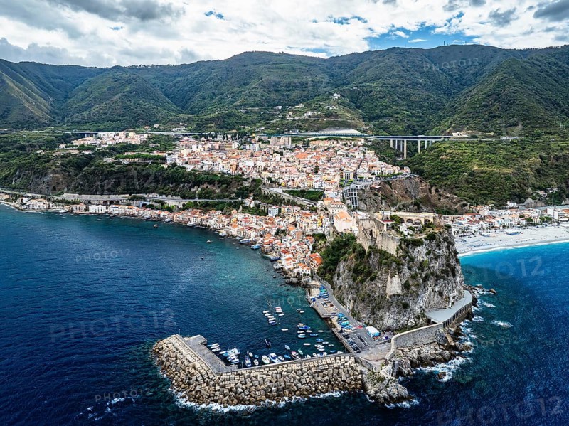 Scilla from a drone, Calabria, Italy, Europe