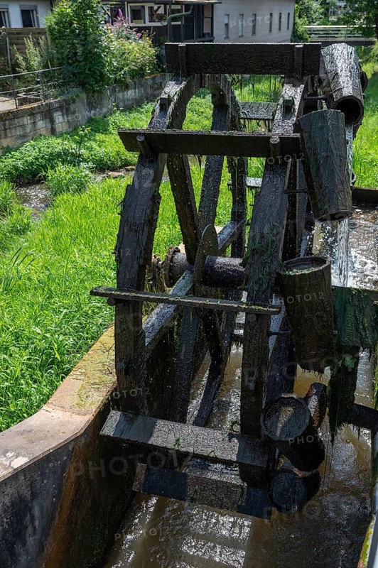 Historic water wheel on the Altach, Zeil am Main, Lower Franconia, Bavaria, Germany, Europe
